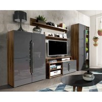 Living DAVOS Z.A.,6 corpuri, cu lumini LED si soft close, corp PAL nuc inchis, fronturi MDF gri, 310x196x58 cm - 1