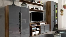 Living DAVOS Z.A.,6 corpuri, cu lumini LED si soft close, corp PAL nuc inchis, fronturi MDF gri, 310x196x58 cm