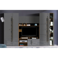 Living DAVOS Z.P., 4 corpuri, cu lumini LED si soft close, corp PAL nuc inchis, fronturi MDF gri, 306x58x196 cm - 1