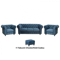 Set CHESTERFIELD 3-1-1, canapea extensibila 3 locuri si 2 fotolii fixe, albastru + 1 Taburet Cadou - 1