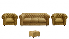 Set CHESTERFIELD 3-1-1, canapea extensibila 3 locuri si 2 fotolii fixe, galben + 1 Taburet Cadou