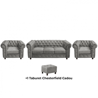 Set CHESTERFIELD 3-1-1, canapea extensibila 3 locuri si 2 fotolii fixe, gri deschis + 1 Taburet Cadou - 1