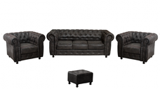 Set CHESTERFIELD 3-1-1, canapea extensibila 3 locuri si 2 fotolii fixe, negru + 1 Taburet Cadou