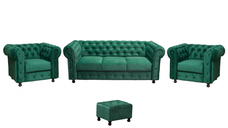 Set CHESTERFIELD 3-1-1, canapea extensibila 3 locuri si 2 fotolii fixe, verde + 1 Taburet Cadou