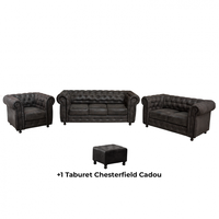 Set CHESTERFIELD 3-2-1, canapea extensibila 3 locuri, canapea fixa 2 locuri si fotoliu fix, negru + 1 Taburet Cadou - 1