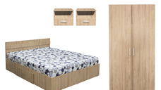 Set dormitor ALMA, 4 piese, pat 140x200 cm, dulap 2 usi, 2 noptiere, sonoma