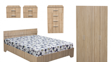 Set dormitor ALMA, 5 piese, pat 180x200 cm, dulap 4 usi, comoda, 2 noptiere, sonoma