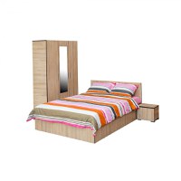 Set dormitor CORINNE, 4 piese, pat 160x200 cm, dulap 3 usi, 2 noptiere, sonoma deschis, cant sonoma inchis - 1