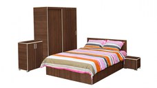 Set dormitor CORINNE, 5 piese, pat 160x200 cm, dulap usi glisante, 2 noptiere, comoda, nuc, cant vanilie