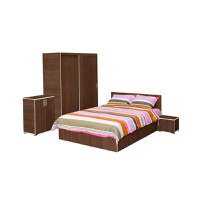 Set dormitor CORINNE, 5 piese, pat 160x200 cm, dulap usi glisante, 2 noptiere, comoda, nuc, cant vanilie - 1