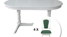 Set masa extensibila EUROPA ovala cu 4 scaune IZA stofa verde, lemn masiv, alb, 160 240x90x70 cm