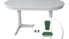 Set masa extensibila EUROPA ovala cu 6 scaune IZA stofa verde, lemn masiv, alb, 160 240x90x70 cm