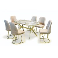 Set TIMARA, masa cu 6 scaune, ovala, 6 persoane, marmura + auriu + bej, 160x80 cm - 1