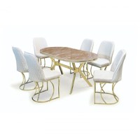 Set TIMARA, masa cu 6 scaune, ovala, 6 persoane, marmura + auriu + crem, 160x80 cm - 1