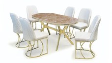 Set TIMARA, masa cu 6 scaune, ovala, 6 persoane, marmura + auriu + crem, 160x80 cm