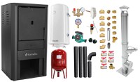 Pachet Cazan pe lemne, brichete si carbune Fornello Monza Black 27 kW, Cos inox, Kit evacuare interior, Boiler Termoelectric, Vas Expansune, Pompa si Fitinguri Montaj - 1