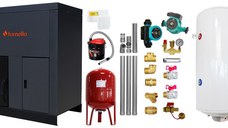 Pachet Centrala pe peleti Fornello Eco Energy 35 kW, echipata cu automatizare, afisaj digital, arzator fonta, calorifere aluminiu, boiler termoelectric, kit evacuare, aspirator, termostat, vas expansiune si fitinguri