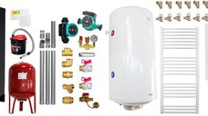 Pachet Centrala pe peleti Fornello Eco Energy 35 kW, echipata cu automatizare, afisaj digital, arzator fonta, radiatoare, boiler termoelectric, kit evacuare, aspirator, termostat, vas expansiune si fitinguri