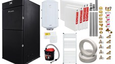 Pachet Centrala peleti Fornello Pellet King 25 kw, complet echipata, pompa circulatie, teava hidronix, vas expansiune, automatizare, kit evacuare 3.5 ml, Boiler Termoelectric Fornello 100 l, Termostat Salus 091FLRFV2, Aspirator, Radiatoare