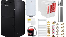 Pachet Centrala peleti Fornello Pellet King 25 kw, complet echipata, pompa circulatie, vas expansiune, automatizare, kit evacuare 3.5 ml, Boiler Termoelectric Fornello 100 l, Termostat Radio Comanda Salus 091FLRFV2, Aspirator, Radiatoare si kit mo