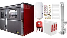 Pachet incalzire si apa calda 2 camere Termosemineu FORNELLO STAR Red 34 kw pe combustibil solid prevazut cu plita si cuptor pentru gatit, echipat cu pompa de circulare, cos inox, boiler termoelectric 100l, vas expansiune, kit montaj si calorifere