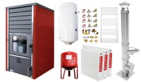 Pachet incalzire si apa calda 2 camere Termosemineu FORNELLO SUPERNOVA RED 38 KW pe combustibil solid ( lemn,carbune,bricheti ), echipat cu pompa de circulare, cos inox, boiler termoelectric 100l, vas expansiune, kit montaj si calorifere - 1