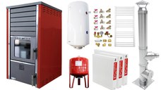 Pachet incalzire si apa calda 2 camere Termosemineu FORNELLO SUPERNOVA RED 38 KW pe combustibil solid ( lemn,carbune,bricheti ), echipat cu pompa de circulare, cos inox, boiler termoelectric 100l, vas expansiune, kit montaj si calorifere