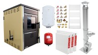 Pachet incalzire si apa calda 2 camere Termosemineu pe lemne FORNELLO TOROS 29 kw pe combustibil solid ( lemn,carbune,bricheti ), cos inox, boiler termoelectric 100l, vas expansiune, calorifere si kit montaj - 1