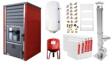 Pachet incalzire si apa calda 4 camere Termosemineu FORNELLO SUPERNOVA RED 38 KW pe combustibil solid ( lemn,carbune,bricheti ), echipat cu pompa de circulare, cos inox, boiler termoelectric 100l, vas expansiune, kit montaj si calorifere