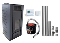 Pachet Termosemineu centrala pe peleti Fornello Premium W22, 22 kw, culoare Black, complet echipat cu kit evacuare 2.5 ml, Termostat Radio Comanda Computherm Q3 RF, Aspirator Cenusa, suprafata incalzita pana la 150 mp - 1