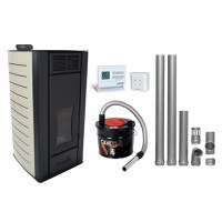 Pachet Termosemineu centrala pe peleti Fornello Premium W22, 22 kw, culoare Ivory, complet echipat cu kit evacuare 2.5 ml, Termostat Radio Comanda Computherm Q3 RF, Aspirator Cenusa, suprafata incalzita pana la 150 mp - 1