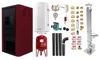 Pachet Termosemineu pe lemne, brichete si carbune Fornello Monza Bordeaux 27 kW, Cos inox, Kit evacuare interior, Boiler Termoelectric, Vas Expansune, Pompa si Fitinguri Montaj - 1