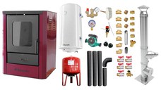 Pachet Termosemineu pe lemne, brichete si carbune Fornello Rimini Bordeaux 18 kW, Cos Inox, Kit evacuare interior, Boiler Termoelectric, Vas Expansune, Pompa si Fitinguri Montaj