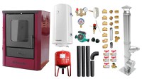 Pachet Termosemineu pe lemne, brichete si carbune Fornello Rimini Bordeaux 18 kW, Cos Inox, Kit evacuare interior, Boiler Termoelectric, Vas Expansune, Pompa si Fitinguri Montaj - 1