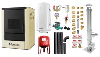 Pachet Termosemineu pe lemne, brichete si carbune Fornello Rimini Ivory 18 kW, Cos Inox, Kit evacuare interior, Boiler Termoelectric, Vas Expansune, Pompa si Fitinguri Montaj - 1