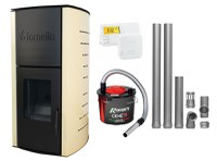 Pachet Termosemineu pe peleti Fornello Michelle 12 kW, complet echipat cu pompa, vas expansiune, automatizare, culoare ivory, kit evacuare 2.5 ml, Termostat Salus 091FLRFV2 si Aspirator Cenusa - 1