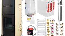 Pachet Termosemineu pe peleti Fornello Michelle 12 kW, echipat cu pompa, vas expansiune, automatizare, Boiler, kit evacuare 3.5 ml, Aspirator Cenusa, Termostat Salus 091FLRFV2, Calorifere si Fitinguri