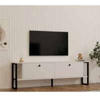 Comoda tv culoare alb cu picioare metal culoare negru160x50x25 cm - 1