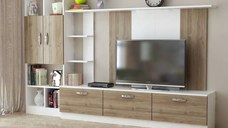 Mobila living cu spatii depozitare alb-nuc Loud Homs 2.40 m