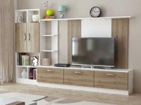 Mobila living cu spatii depozitare alb-nuc Loud Homs 2.40 m - 1