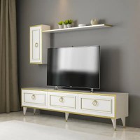 Set comoda tv si modul superior Elegance Homs, 180 x 45.5 x 29.5 cm, alb/auriu - 1