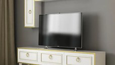 Set comoda tv si modul superior Elegance Homs, 180 x 45.5 x 29.5 cm, alb/auriu