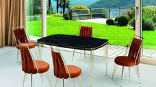 Set Masa cu 6 Scaune Bucatarie, Reina Homs 80 x 140 cm, Negru/Auriu,MDF,250-30218-19