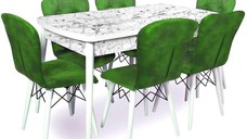 Set masa extensibila cu 6 scaune tapitate Homs cristal alb-verde 170 x 80 cm