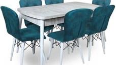 Set masa extensibila cu 6 scaune tapitate Homs cristal-blue-picior-alb-170 x 80 cm