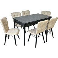 Set masa extensibila cu 6 scaune tapitate Homs cristal negru-bej 170 x 80 cm - 1