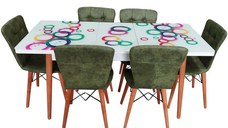 Set masa extensibila picioare lemn, blat sticla securizata multicolor +6 scaune tapitate Fusion Homs verde 80x 170 cm