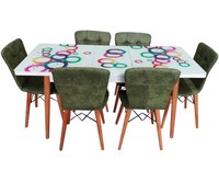 Set masa extensibila picioare lemn, blat sticla securizata multicolor +6 scaune tapitate Fusion Homs verde 80x 170 cm - 1