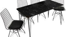 Set masa marmorata cu 4 scaune metal, Dream Homs, negru marmorat 70 x 110 cm