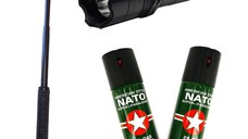 Kit autoaparare Baston Telescopic, Lanterna Electrosoc cu laser si 2 Spray-uri Nato